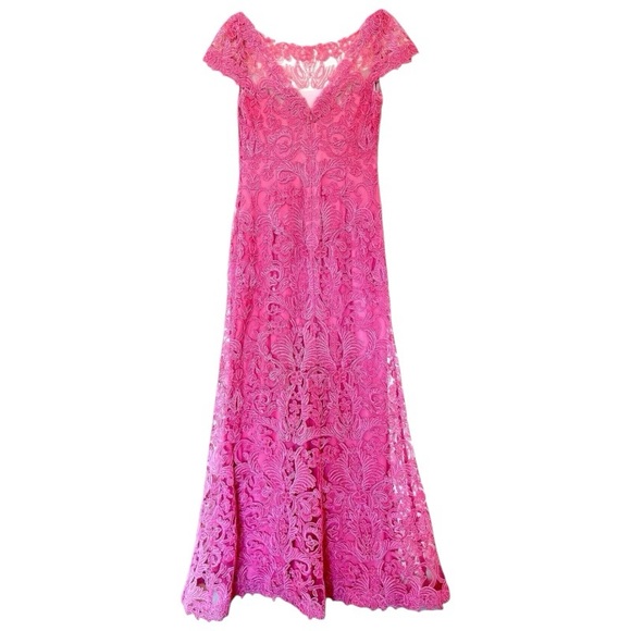 $458 Tadashi Shoji Lace + Corded Embroidery Evening Gown 4 Pink Boat Neck NWT - Picture 5 of 15